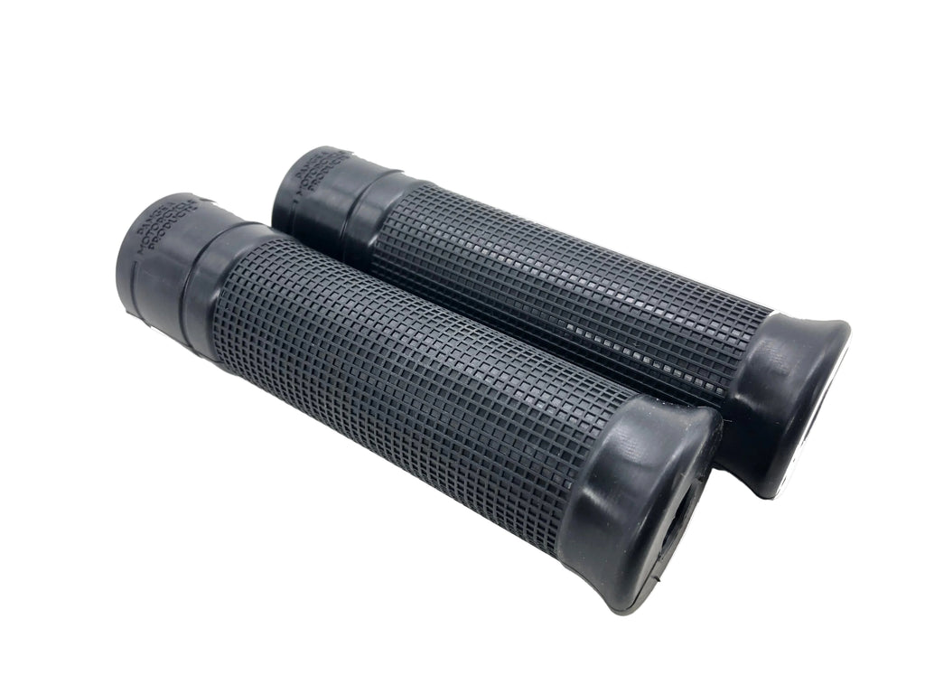 A pair of black motorcycle grips designed for standard Harley handlebars.