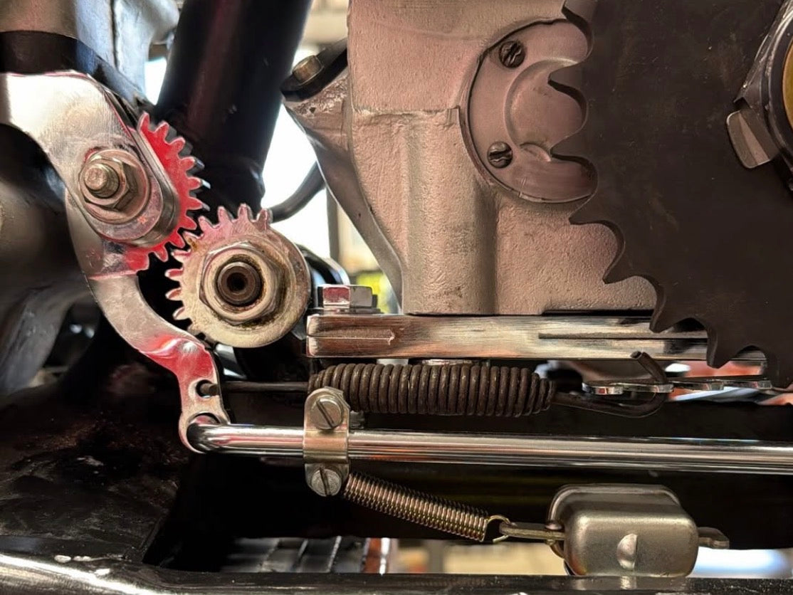 Pangea Speed brake crossover gears installed on a vintage Harley-Davidson mechanical brake linkage