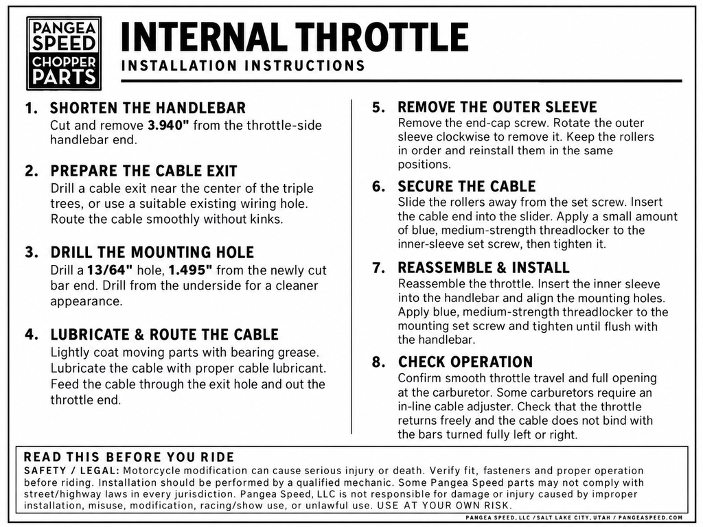 Pangea Speed Internal Throttle installation instructions with handlebar preparation, cable assembly and operation checks
