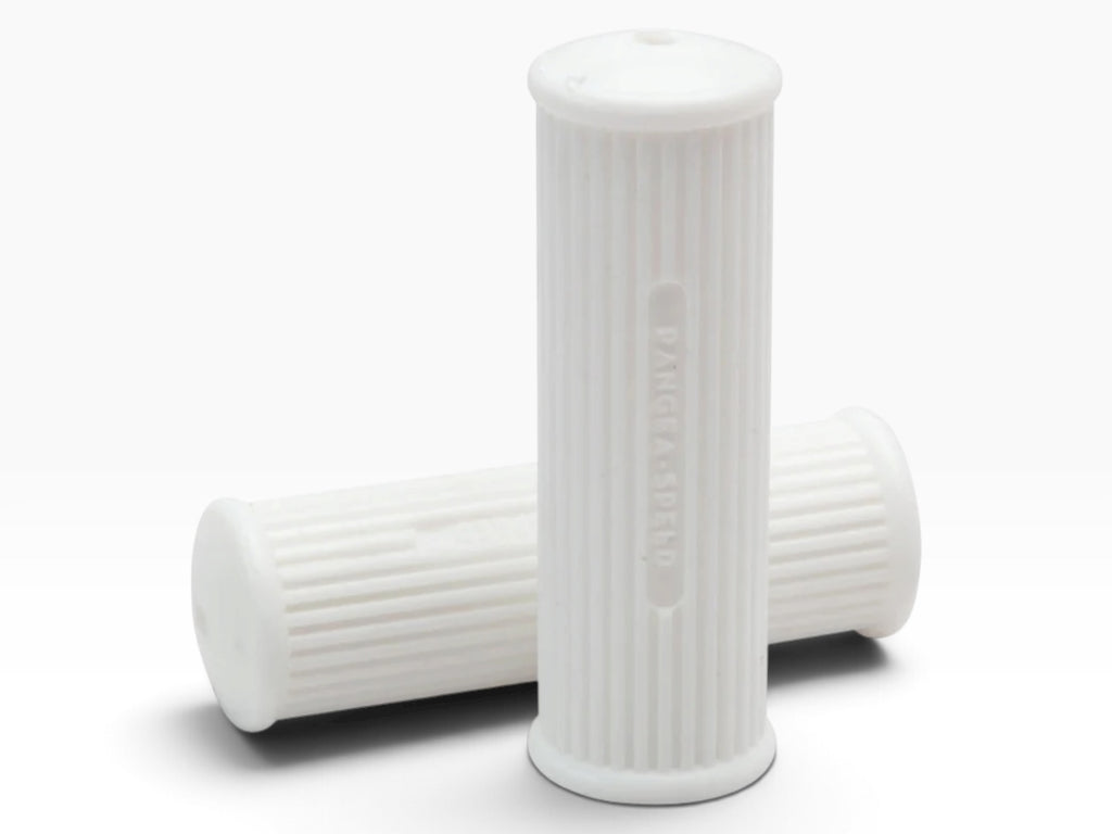 Pair of white Pangea Speed Ronald grips, angled view showing ribbed texture and embossed Pangea Speed logo