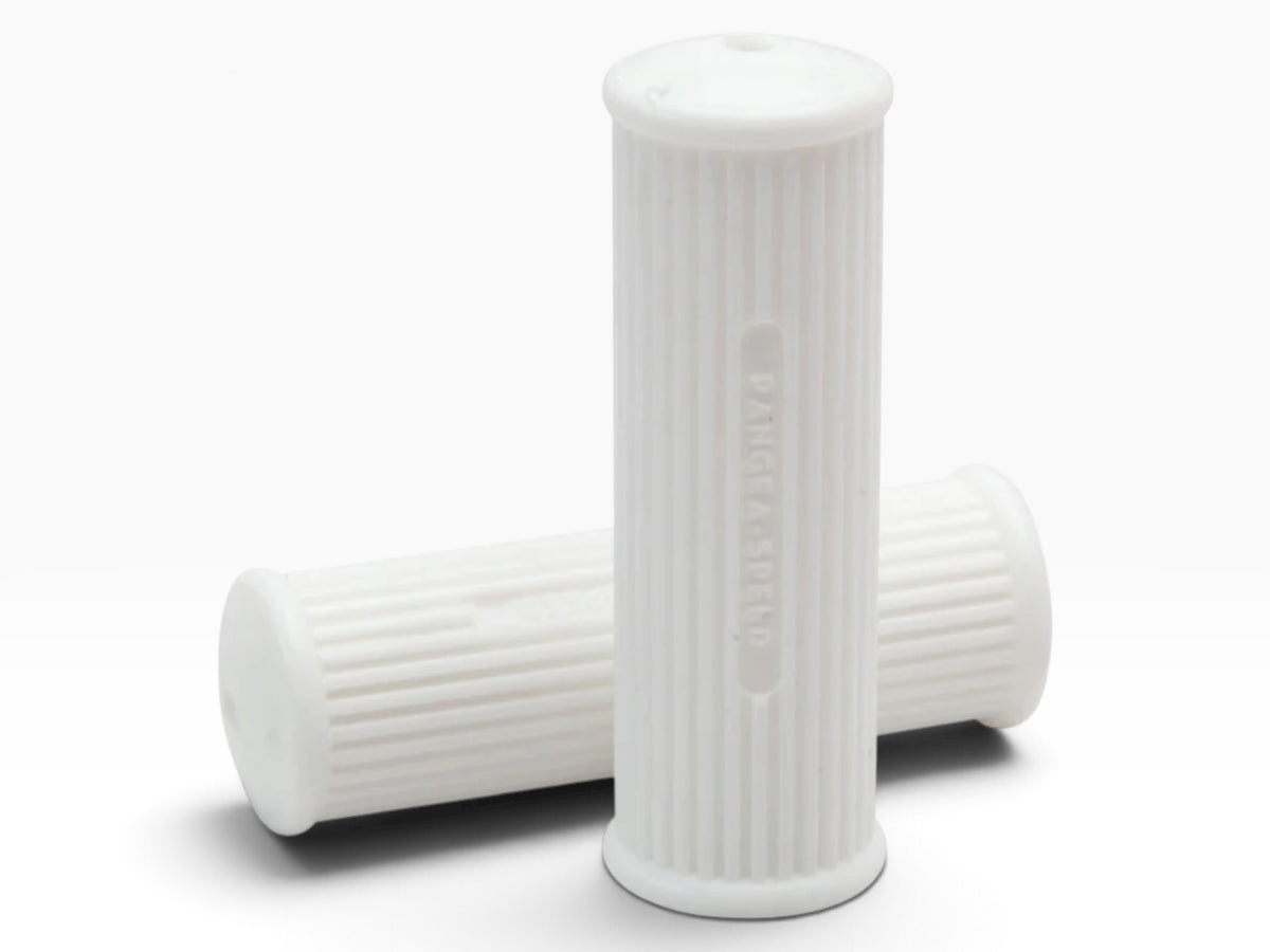 Pair of white Pangea Speed Ronald grips, angled view showing ribbed texture and embossed Pangea Speed logo