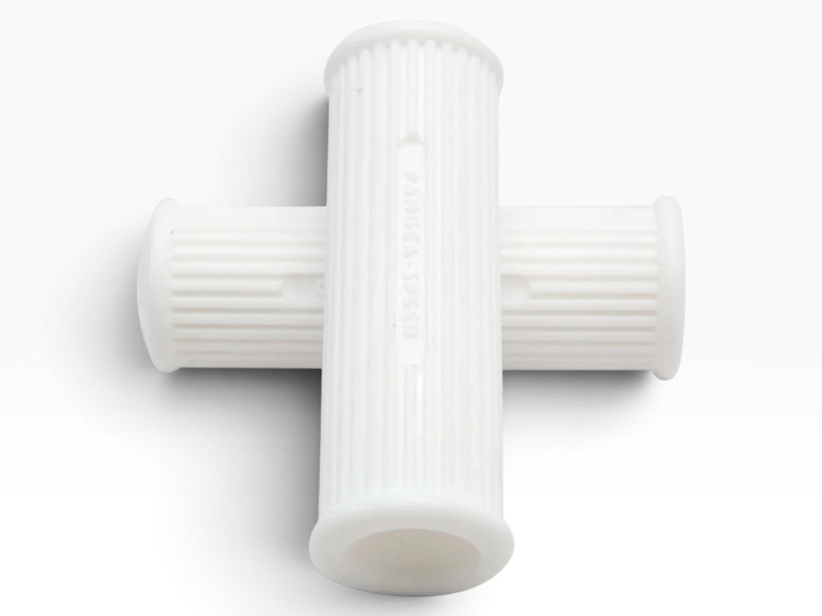 Pair of white Pangea Speed Ronald grips showing ribbed texture, embossed logo, and open grip end