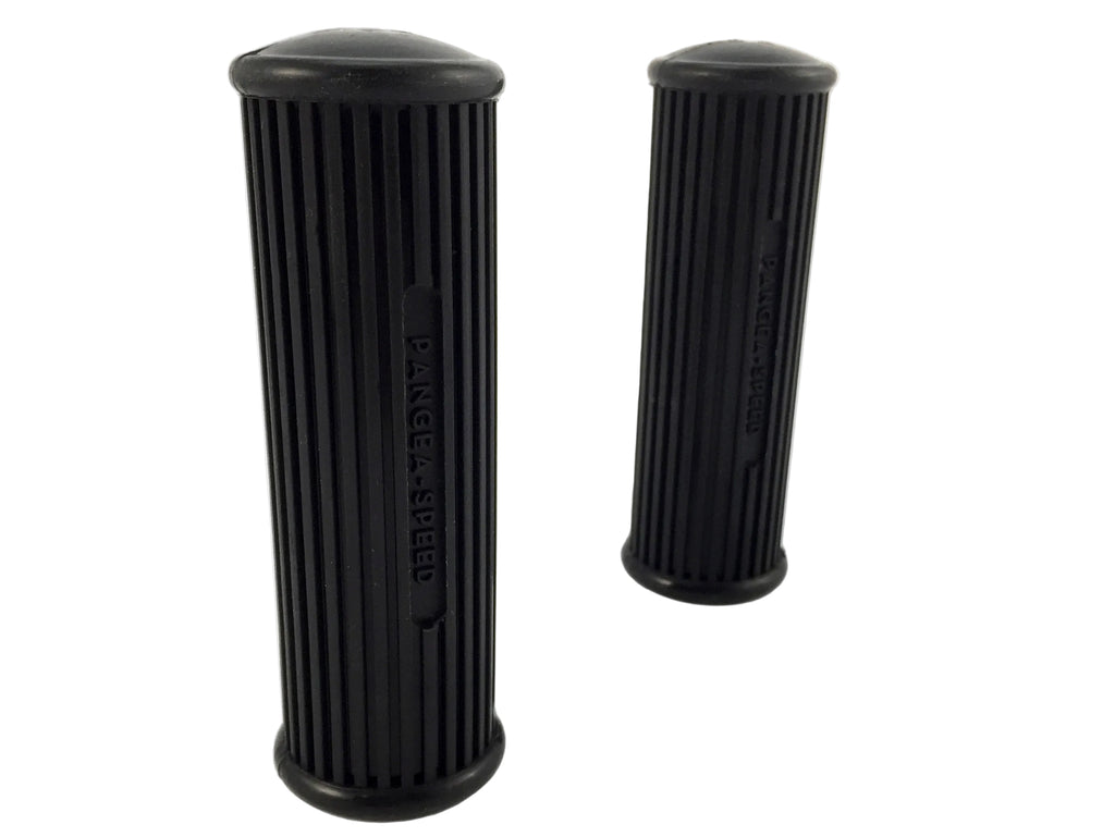 A pair of black motorcycle handlebar grips designed to fit with a throttle.