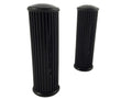 A pair of black motorcycle handlebar grips designed to fit with a throttle.