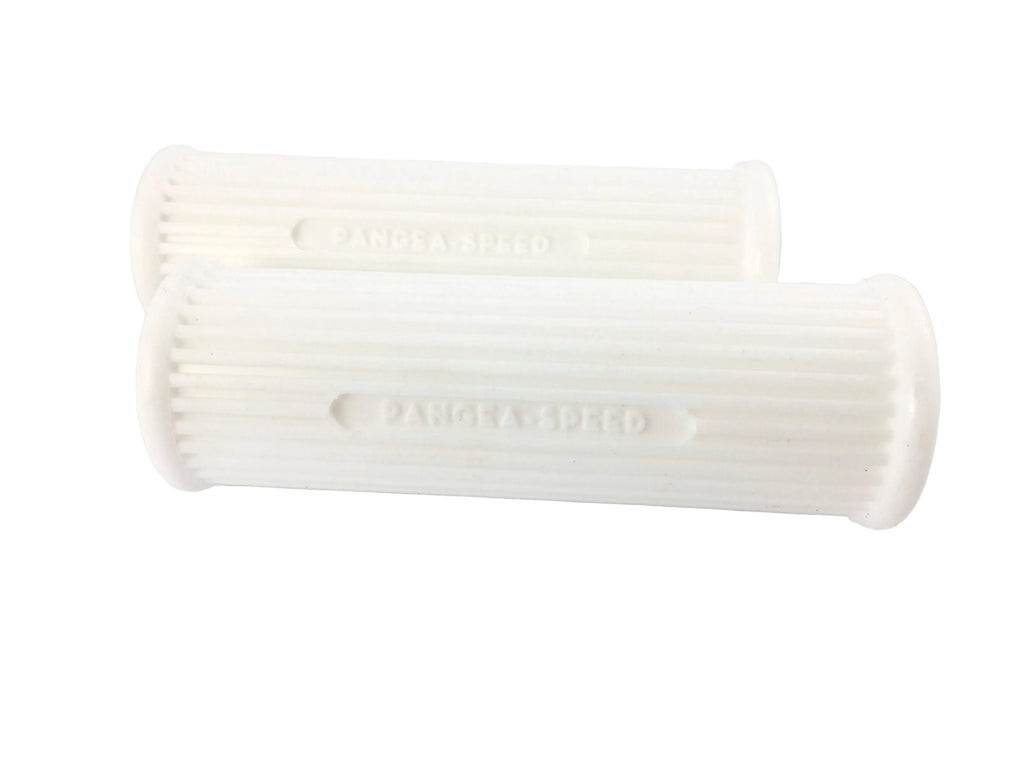 A pair of white handlebar grips designed for use on a motorcycle, with the name 'RONALD' embossed on the surface.