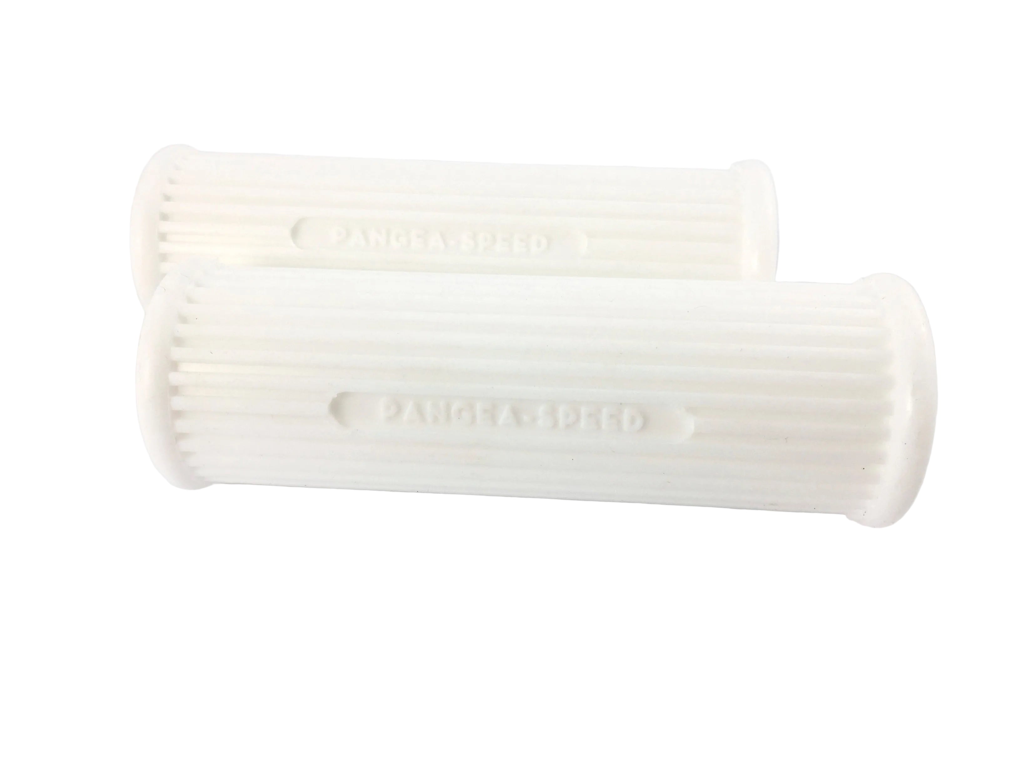 A pair of white handlebar grips designed for use on a motorcycle, with the name 'RONALD' embossed on the surface.