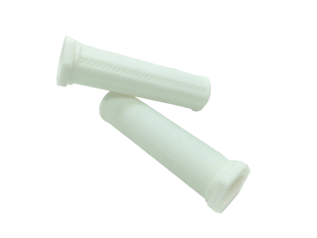 A pair of white motorcycle handlebar grips with a subtle tear drop shape and grip pattern.